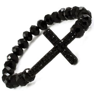 Black Crystal Cross Faceted Beaded Stretch Bracelet